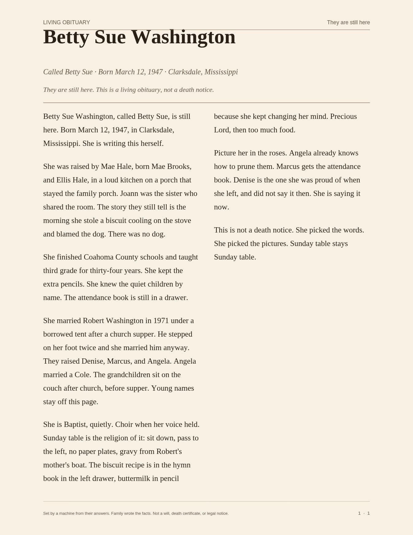 Betty Sue’s printed living obituary, the page you hold